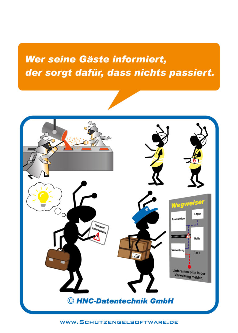 Arbeitsschutz-Comics mit Ameisen_HNC-Datentechnik Motiv Besuchermanagement