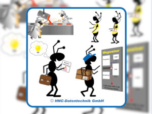 Arbeitsschutz-Comics mit Ameisen_HNC-Datentechnik Motiv Besuchermanagement