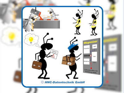 Arbeitsschutz-Comics mit Ameisen_HNC-Datentechnik Motiv Besuchermanagement