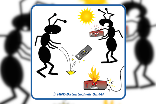 HNC-Datentechnik | Ameisen-Comics zum Arbeitsschutz | Motiv Umgang mit Akkus