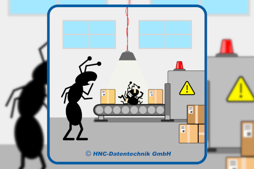 HNC-Datentechnik | Ameisen-Comics zum Arbeitsschutz | Motiv Verpackungsmaschine