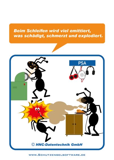 HNC-Datentechnik | Ameisen-Comics zum Arbeitsschutz | Motiv Schleifen