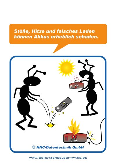 HNC-Datentechnik | Ameisen-Comics zum Arbeitsschutz | Motiv Umgang mit Akkus