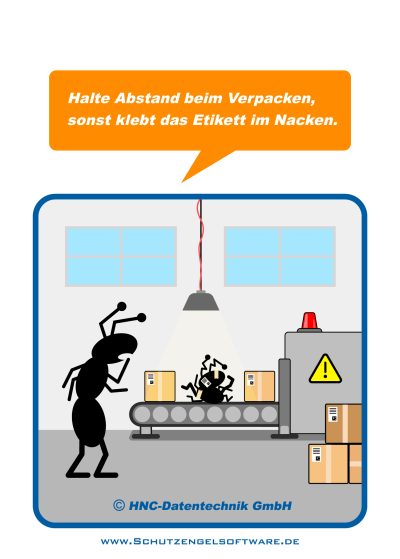 HNC-Datentechnik | Ameisen-Comics zum Arbeitsschutz | Motiv Verpackungsmaschine HNC-Datentechnik | Ameisen-Comics zum Arbeitsschutz | Motiv Verpackungsmaschine