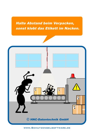 HNC-Datentechnik | Ameisen-Comics zum Arbeitsschutz | Motiv Verpackungsmaschine